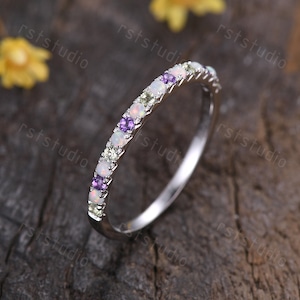 Petite V pave Opal Amethyst Peridot Wedding Ring,White Gold Ring,Opal Wedding Band,Stackable Matching Band,Birthstone Ring Gift for Her