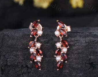 Garnet Pearl Dangle Earrings, January Birthstone Earrings, Rose Gold Marquise Red Garnet Drop Earrings,  Vintage Wedding Bridal Earrings