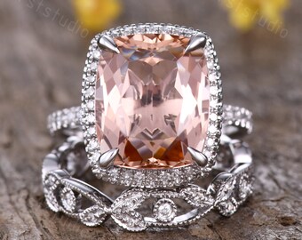 CWLPSL - Set Anelli Morganite Oro Rosa 18K | Fedi Nuziali E Fidanzamento | Taglie 6-10 Per Donna