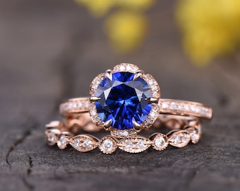 Unique sapphire bridal set,blue sapphire engagement ring 14K rose gold wedding ring set,vintage flower sapphire rings for women promise ring