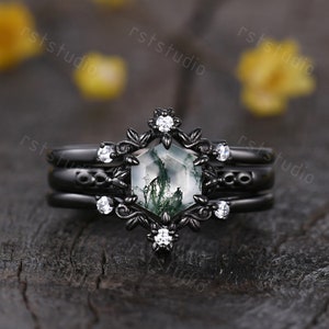 Vintage Moss Agate Hexagon Ring Set: Diamond Bridal Set, Black Gold Band