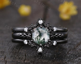 Anillo de compromiso vintage con diseño floral de ágata musgosa de corte hexagonal, conjunto nupcial de diamantes únicos, conjunto de boda de promesa oscura, anillo de boda de oro negro, regalo