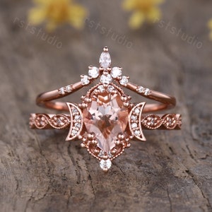 Natural Morganite Engagement Ring Set 14K rose gold 8-prongs Marquise Diamond Wedding Band Moon Design Handmade Jewelry