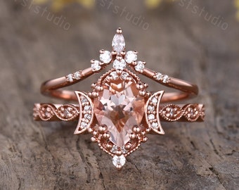 モルガナイトのエンゲージリングセット：マーキスダイヤモンド、14K