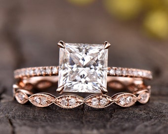 2ct Princess Cut Diamond Engagement Ring CVD Diamond Wedding Band Vintage Lab Grown Diamond Jewelry Rose Gold Wedding Ring Set Promise Ring