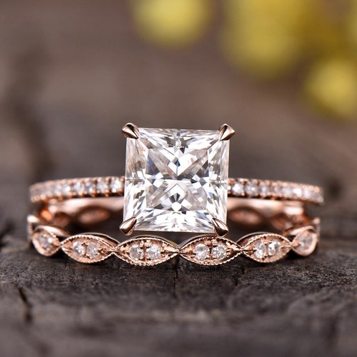 Rose Gold Morganite Engagement Ring Set Women Diamond Wedding | Etsy