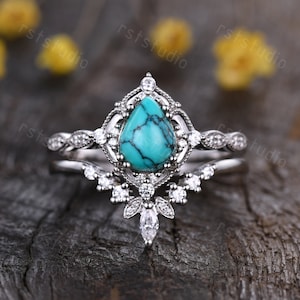 Vintage pear cut turquoise engagement ring set,Unique blue turquoise ring,Diamond V curved matching band,white gold bridal set promise gift