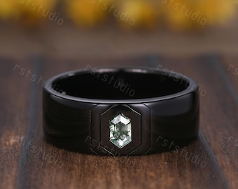 Mens Gothic Hexagon Moss Agate Wedding Ring Nature Inspired Agate Ring Black Gold Ring Plain Stacking Matching Band Unique Promise Ring Gift