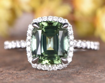 Tourmaline Ring Green Gemstone Ring Cushion Cut Unique Engagement Ring Halo Diamond Wedding Band October Birthstone 14K White Gold Promise