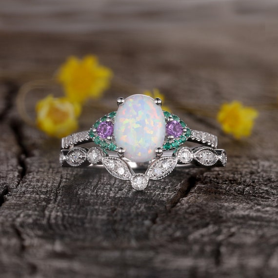 Unique Opal Engagement Ring Set Amethyst Emerald Halo Diamond Band