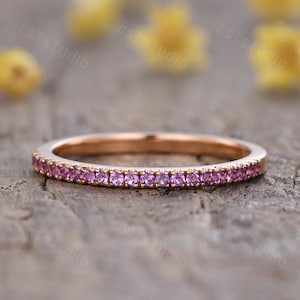 Amethyst Wedding Band,14K rose gold wedding ring,half eternity matching band, bridal ring, Purple Amethyst Ring Birthstone Ring