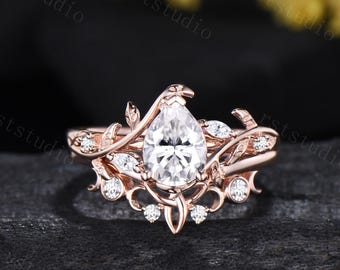 1.25CT Pear Shaped Moissanite Engagement Ring Set: 14K Rose Gold Twig Leaf Vine Wedding Band, Nature Inspired Wedding Set