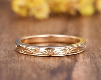 Antique Filigree 14k Gold Wedding Band: Floral Engraving Anniversary Ring