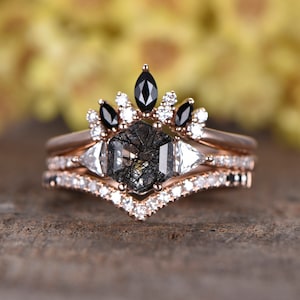 3Pcs Unique Black Rutilated Quartz Engagement Ring Black Stone Wedding Ring Set Diamond Matching Band Promise Ring Women Jewelry