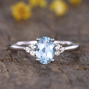 vintage aquamarine engagement ring March birthstone Blue Aquamarine Jewelry Diamond promise rings for women Anniversary Ring 14K white gold