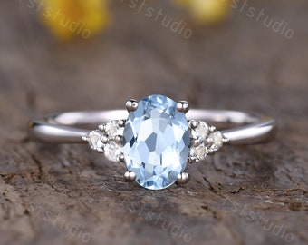 vintage aquamarine engagement ring March birthstone Blue Aquamarine Jewelry Diamond promise rings for women Anniversary Ring 14K white gold