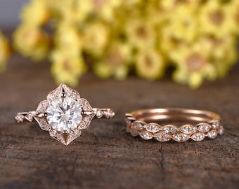 Unique Moissanite Engagement Ring Set Rose Gold Art Deco Wedding Band Diamond Marquise Matching Bands Milgrain Vintage Moissanite Ring