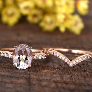 Natural Oval Morganite Engagement Ring Set Rose Gold peachy Gemstone Ring Curved V Diamond Wedding Band morganite jewelry promise ring image 2