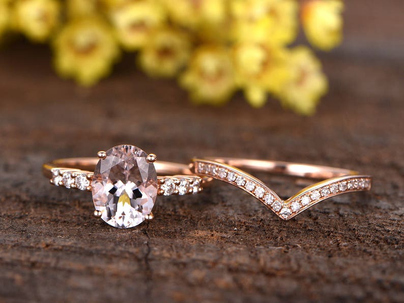 Natural Oval Morganite Engagement Ring Set Rose Gold peachy Gemstone Ring Curved V Diamond Wedding Band morganite jewelry promise ring image 2