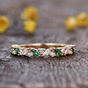 Marquise green emerald real diamond wedding band solid gold emerald white opal band bridal ring anniversary ring birthstone gift silver ring