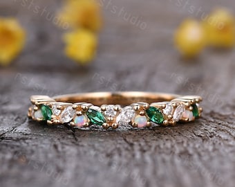 Marquise green emerald real diamond wedding band solid gold emerald white opal band bridal ring anniversary ring birthstone gift silver ring