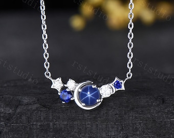 Dainty Moon Blue Star Sapphire Necklace, Celestial Blue Sapphire Pendant Unique Valentine Anniversary Gift for Her