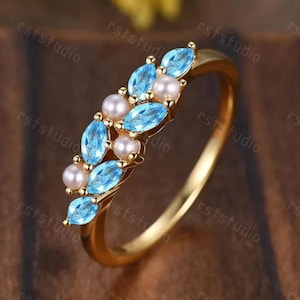 Vintage Swiss Blue Topaz Pearl Wedding Band,Cluster Marquise Topaz Ring,November Birthstone,Stacking Band Gift for Women 14k Solid Gold Ring