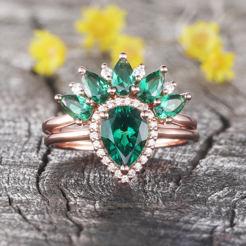 Emerald Engagement Ring Set Vintage Emerald Ring Antique - Etsy