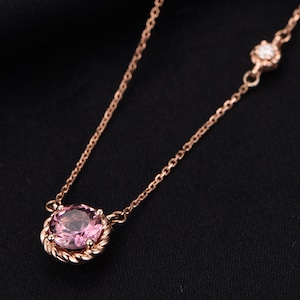 14K Rose gold vintage twisted edge design tourmaline necklace pendant 1.0ct natural pink tourmaline pendant,diamond reco anniversary gifts