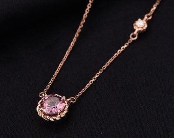 14K Rose gold vintage twisted edge design tourmaline necklace pendant 1.0ct natural pink tourmaline pendant,diamond reco anniversary gifts