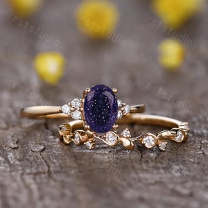 2Pcs Oval Cut Blue Sandstone Engagement Ring 14k Gold Vintage Sandstone Floral Diamond Wedding Band Galaxy Sandstone Jewelry Promise Ring