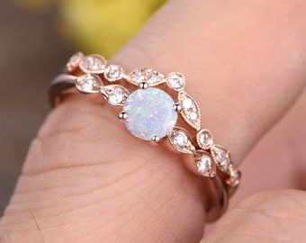Opal Engagement Ring,Unique Opal Ring,Vintage Wedding ring,rose gold  anniversary jewelry,white fire opal promise ring