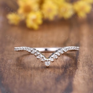 Diamond Moissanite Curved Wedding Band,V Shaped Diamond Matching Band,Chevron Stacking Ring,Minimalist Promise Gift For Her,14K White Gold