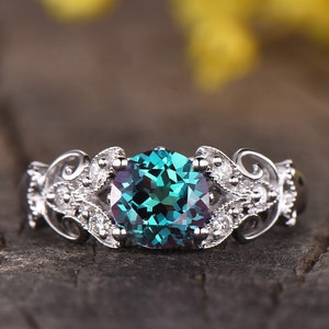 Alexandrite ring,unique engagement ring,vintage birthstone wedding ring,antique color change ring promise ring white gold jewelry for women