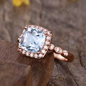 1.5ct blauer Aquamarin Verlobungsring Vintage 14k Rose Gold Aquamarin Ring Diamant Band, Versprechen Ring, März Geburtsstein Aquamarin Schmuck