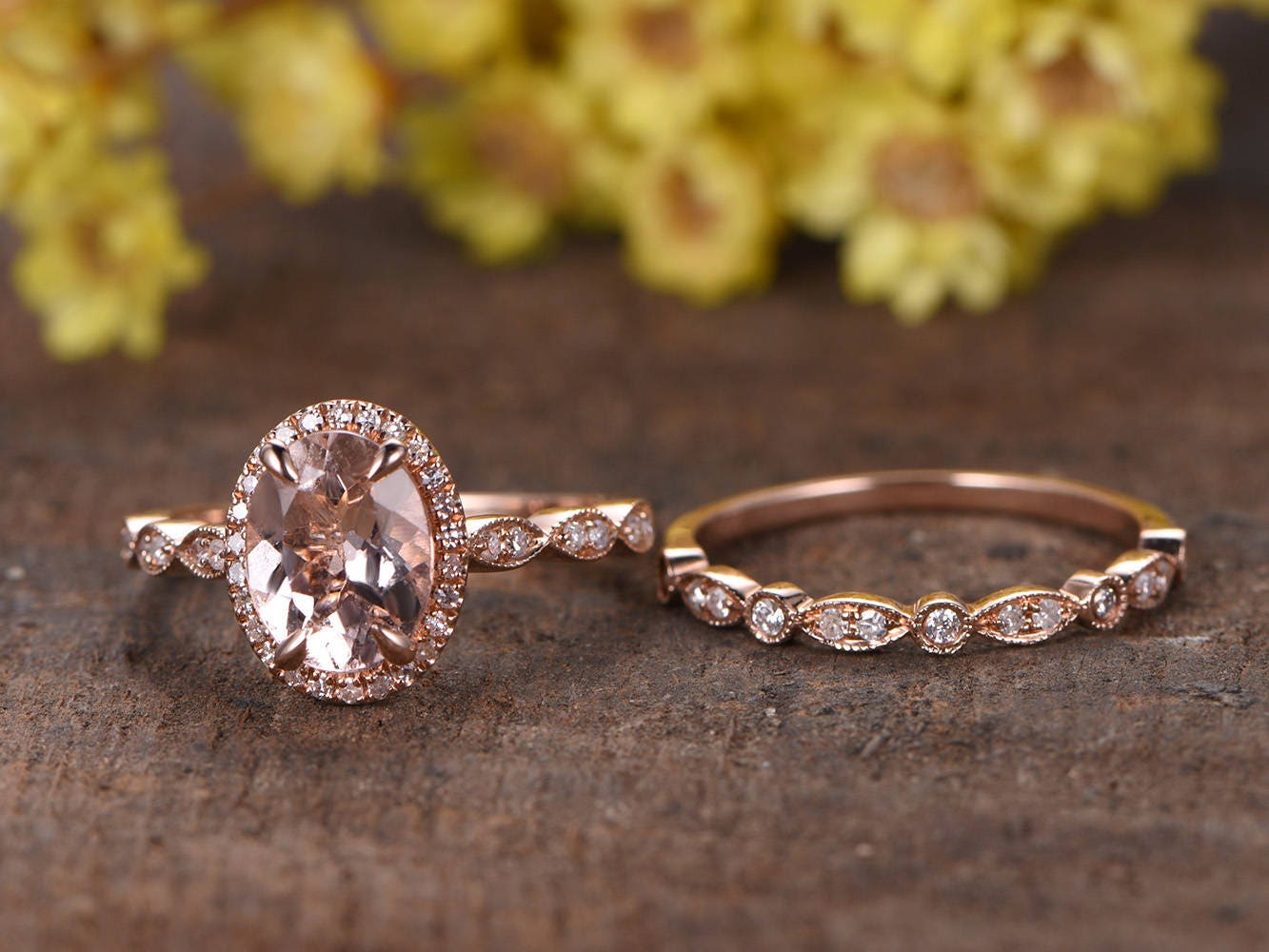 7x9mm Oval Cut Natural Morganite Engagement Ring Set Marquise - Etsy
