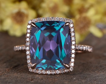 7ct Cushion Cut Alexandrite Engagement Ring, Diamond Band, 14k White Gold