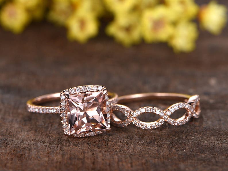 8mm Princess Cut Pink Morganite Engagement Ring Set Infinity | Etsy