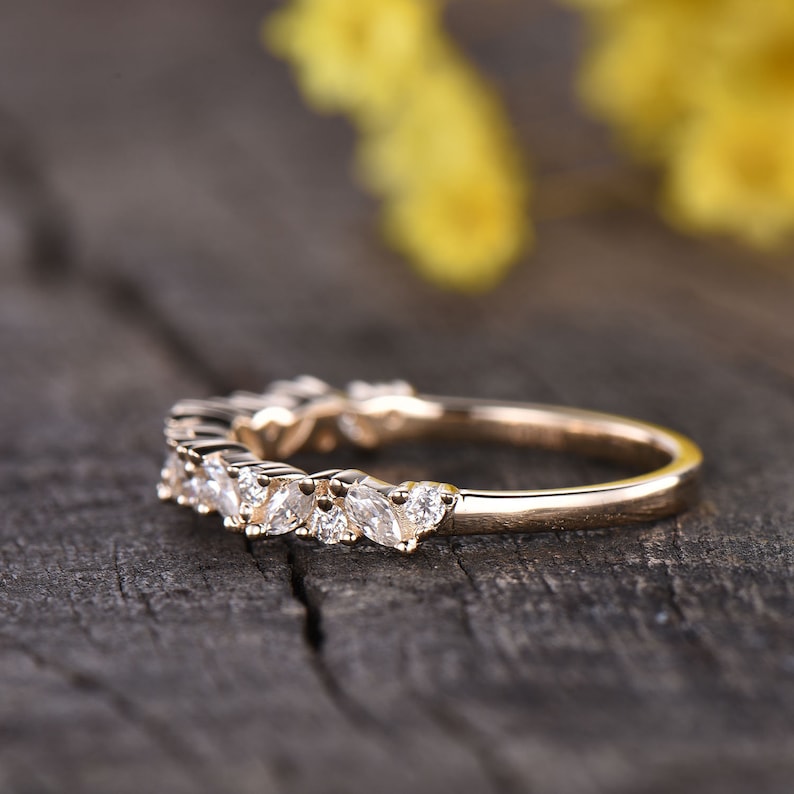 Antique Vintage Inspired Moissanite Wedding Band,Half Eternity Moissanite Ring,Unique Bridal Stacking Ring Anniversary Gift 14K Yellow Gold image 5