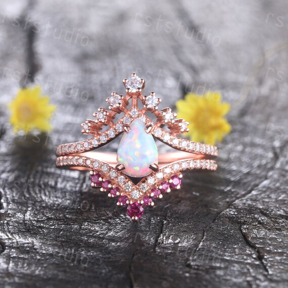 Opal Ruby Diamond Engagement Ring Set Curved Wedding Band