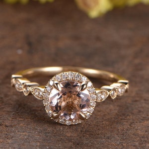 Art Deco Morganite Engagement Ring Real Diamond Halo Wedding Ring Unique Ring 14K Gold Natural Morganite Gemstone Anniversary Gift
