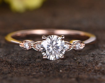 Classical Round Moissanite Engagement Ring 14K Rose Gold,Art Deco Promise Diamond Ring,Vintage Moissanite Ring Moissaninte Jewelry