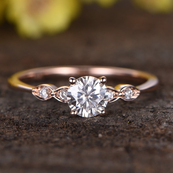 Art Deco Moissanite Engagement Ring, 14K Rose Gold Promise Ring