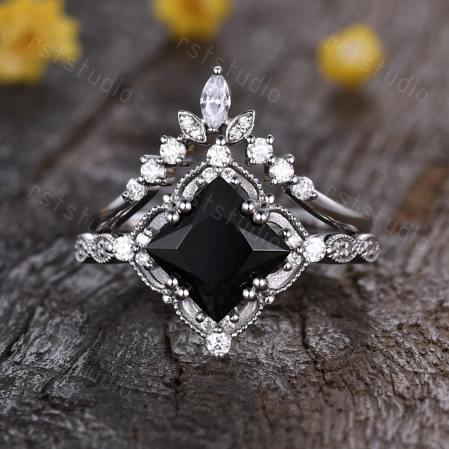 ブラックダイヤリング Vintage Princess Cut Black Onyx Engagement Ring Set,unique