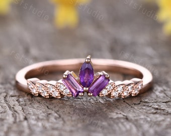Antique Amethyst ring Diamond wedding band,marquise baguette cut purple Amethyst,Amethyst engagement ring amethyst jewelry Anniversary Ring
