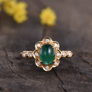 Natural Emerald Ring,Vintage Emerald Engagement Ring,Art Deco Diamond Wedding Band,Unique Cluster Ring promise gifts jewelry 14K yellow gold