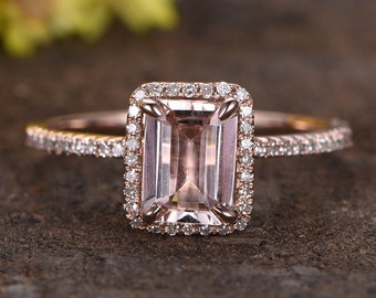 Emerald Cut Morganite Engagement Ring, Diamond Band, 14k Rose Gold