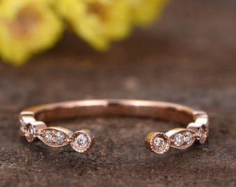 Solid 14k rose gold Marquise diamond wedding band,Milgrain bridal promise ring,half eternity band,real diamond ring opening matching band