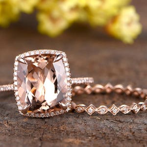 5.2 Carat Natural Morganite Engagement Ring Rose Gold Art Deco Diamond Band 10x12mm Morganite Ring Set Vintage Morganite Jewelry For Women