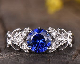 Art Deco Sapphire Engagement Ring, Floral Diamond 14K White Gold Wedding Band